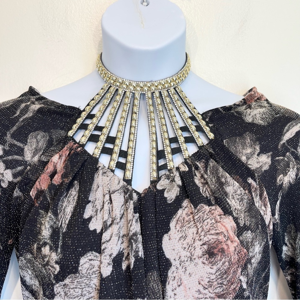 Venus Floral Metallic Caged Halter Top Bell Sleeves Black Gold Size Medium - Picture 4 of 15